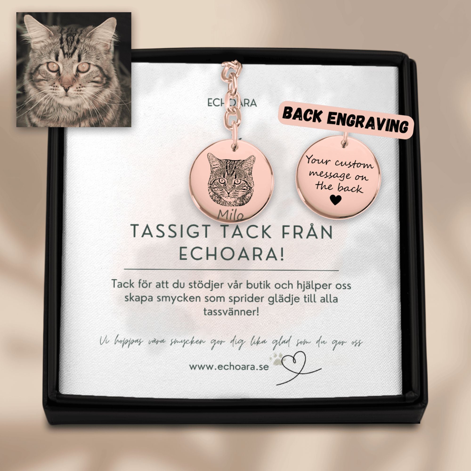 Personlig graverad nyckelring med porträttfoto av husdjur