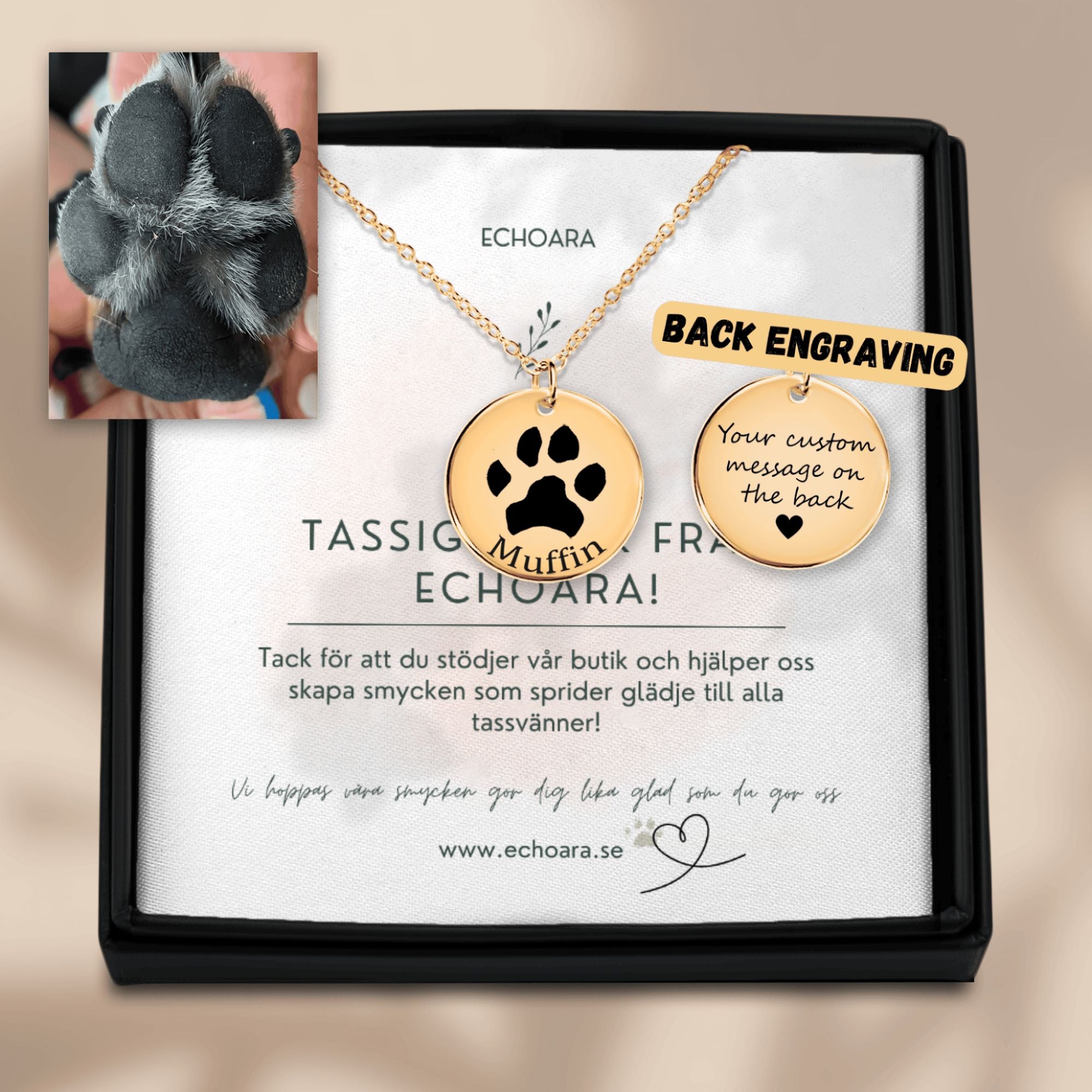 Personligt graverat halsband med ditt husdjurs tassavtryck och namn – för husdjursälskare